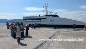 People boarding the Makruzz ferry from Port Blair to Havelock Island, which is a major entry point for popular tourist activities in Havelock Island. Families trekking through the jungle trail to Elephant Beach in Havelock Island
