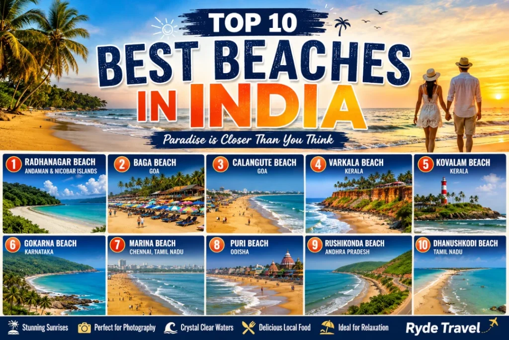 Top 10 Best Beaches in India to Visit in 2026 featuring Goa, Radhanagar Beach, Varkala, Marina Beach, and Kovalam