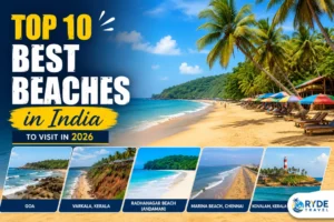 Top 10 Best Beaches in India to Visit in 2026 featuring Goa, Radhanagar Beach, Varkala, Marina Beach, and Kovalam