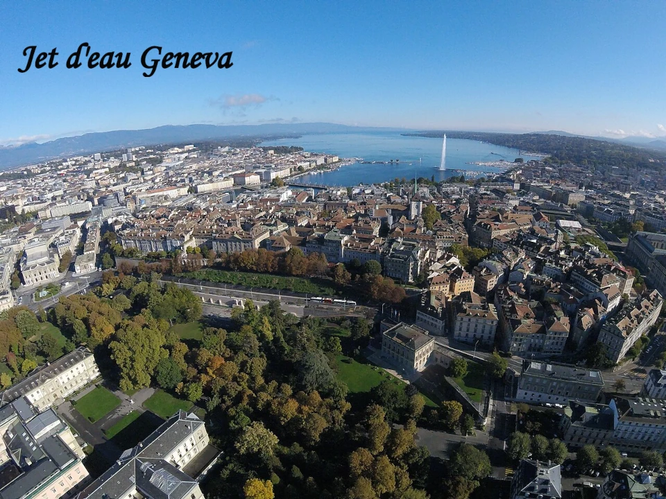 Aerial view of Geneva, Switzerland showing Lake Geneva and the city skyline