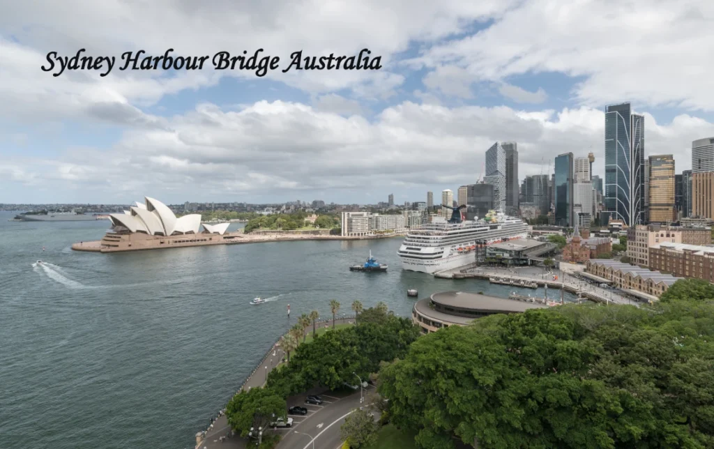 Historic houses in The Rocks with Sydney Harbour, Sydney Opera House, and the Sydney CBD skyline in Australia