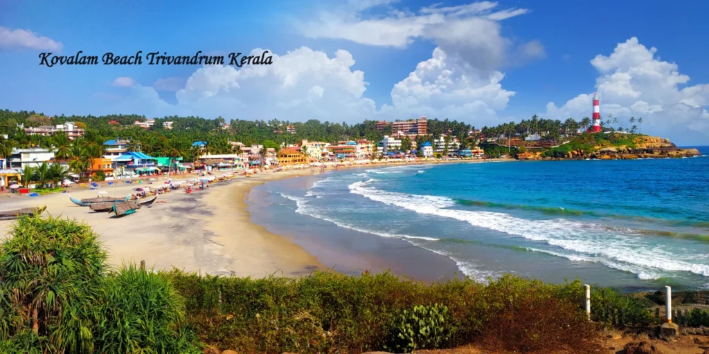 Top 10 best Beaches Kovalam Beach in Thiruvananthapuram (Trivandrum), Kerala, featuring golden sands, blue Arabian Sea waters, swaying palm trees, and the iconic lighthouse.