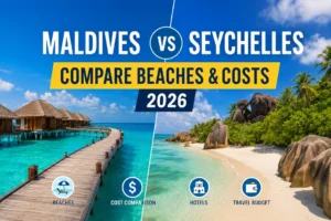 Maldives vs Seychelles tropical beaches comparison with overwater villas, turquoise ocean, and granite rock coastline