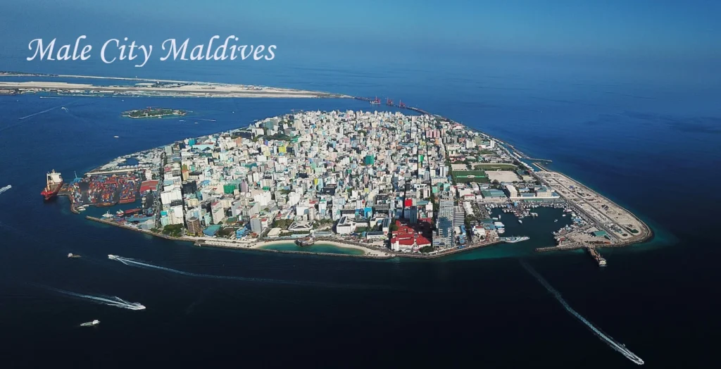 Maldives vs Seychelles Malé City Maldives skyline with colorful buildings, waterfront, and tropical island views
