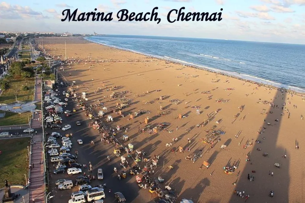 Marina Beach in Chennai, Tamil Nadu, with golden sandy shores, Bay of Bengal waves, and visitors enjoying one of the best beaches in India.