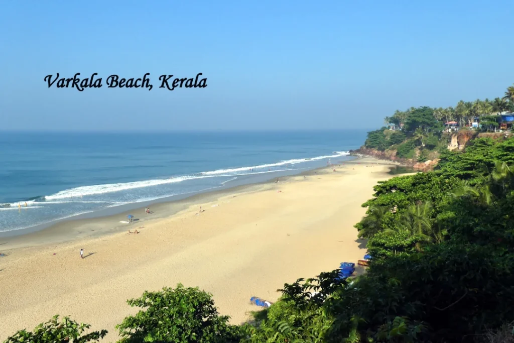 Aerial view of Varkala Beach in Kerala featuring dramatic red cliffs, golden sandy shoreline, turquoise Arabian Sea waters, and lush coconut palm trees.