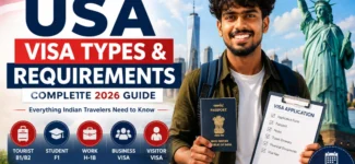 USA visa types and requirements 2026 guide for Indian travelers featuring tourist, student, work, business and visitor visas