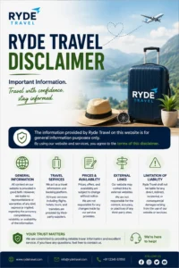 Ryde Travel disclaimer banner explaining travel information, services, pricing, external links, and liability