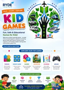 Ryde Travel Kid Games featuring fun, safe, and educational puzzles, memory games, quizzes, coloring, and adventure activities.