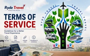 Ryde Travel Terms of Service with travel logo, transportation icons, passport, and travel map