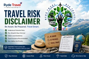 Ryde Travel Risk Disclaimer feature image with travel logo, scenic mountains, risk checklist, passport, globe, and travel safety icons