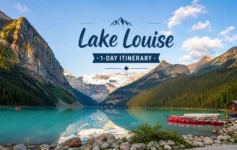 Turquoise waters of Lake Louise surrounded by snow-capped Rocky Mountains in Banff National Park