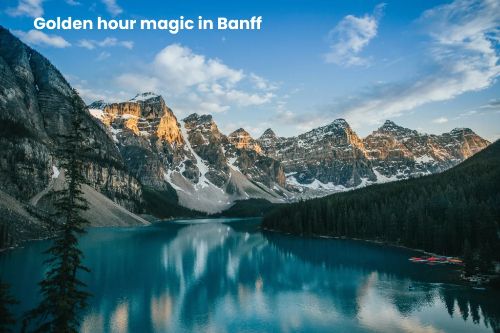 Banff National Park travel guide golden hour view of Moraine Lake and mountains