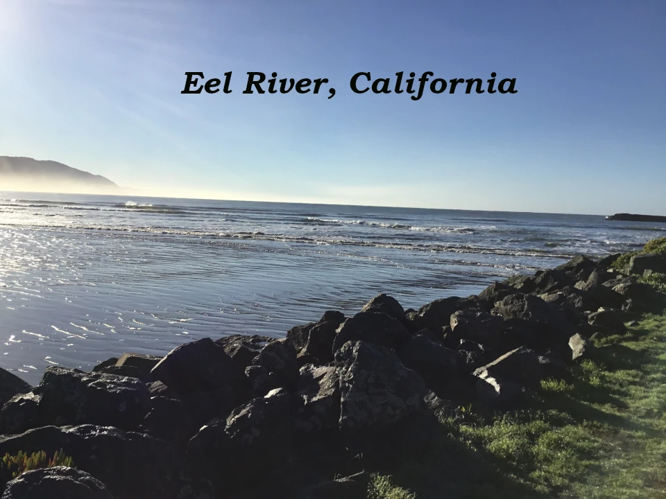 Eel River shoreline with waves, rocks and coastal landscape in California