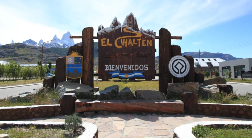 El Chalten Argentina welcome sign with Patagonian mountains