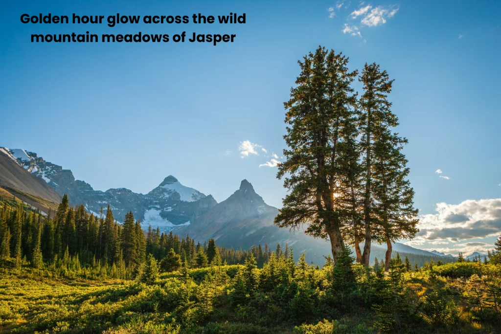 Jasper National Park road trip guide golden hour view across wild mountain meadows and alpine peaks