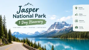 Jasper National Park road trip guide 1-day itinerary map showing Maligne Lake, Maligne Canyon, Pyramid Lake, and Lake Edith along a scenic mountain road