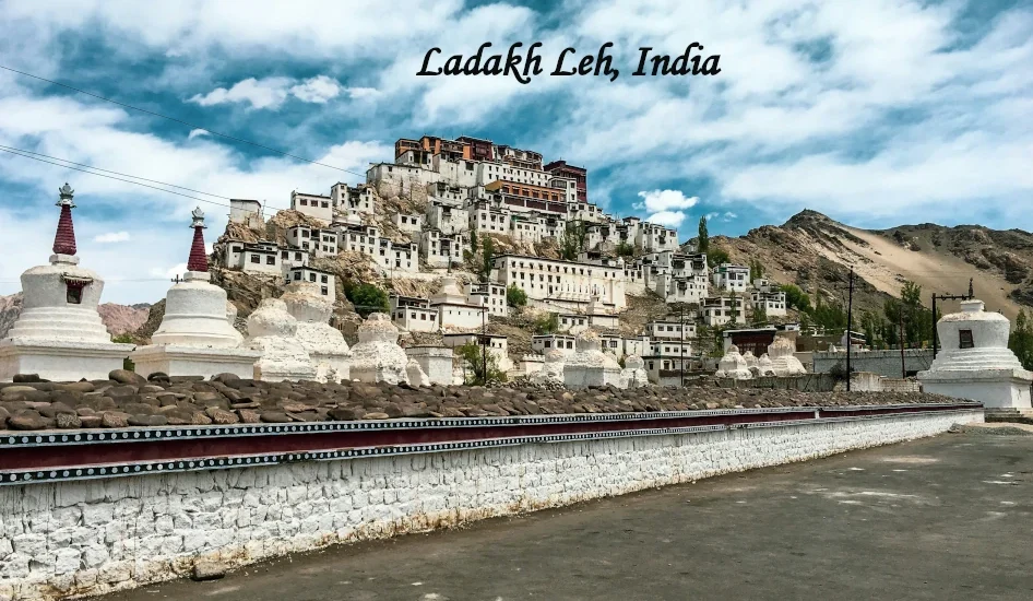 Ladakh Leh India with Buddhist stupas and hillside monastery