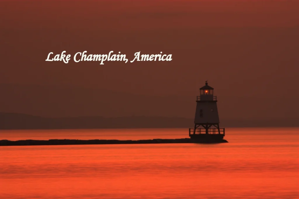 Lake Champlain lighthouse at sunset in America