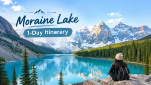 Vibrant turquoise waters of Moraine Lake framed by the towering snow-covered peaks of the Canadian Rockies.